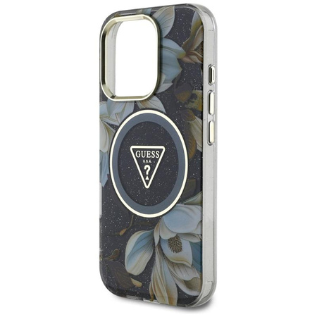 Guess Glitter Flowers Triangle Buttons MagSafe - Coque pour iPhone 16 Pro (noir)