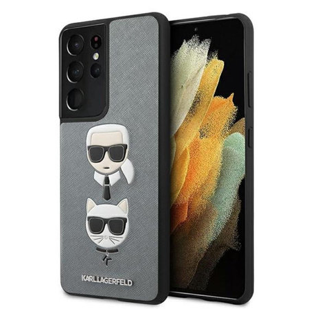 Karl Lagerfeld Saffiano Karl & Choupette Heads - pouzdro pro Samsung Galaxy S21 Ultra (stříbrné)