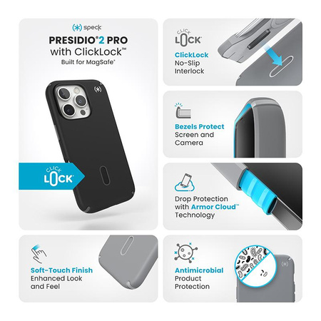 Speck Presidio2 Pro ClickLock & MagSafe - iPhone 16 Pro Hülle (Schwarz / Schiefergrau / Weiß)