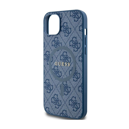 Guess 4G Collection Cuir Logo Métal MagSafe - Étui pour iPhone 15 Plus / 14 Plus (bleu)