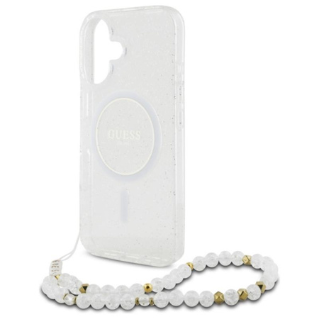 Guess IML Glitter With Pearl Strap MagSafe - pouzdro pro iPhone 16 (průhledné)