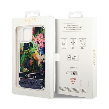 Guess Liquid Glitter Flower - pouzdro pro iPhone 14 Plus (modré)