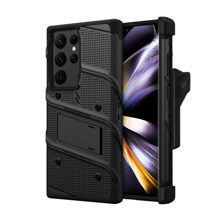 ZIZO BOLT Serie - Samsung Galaxy S23 Ultra gepanzerte Hülle mit 9H Glas für Bildschirm + Halterung mit Ständer (schwarz)