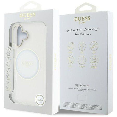 Guess IML Metallfarbener Kreis Klassisches Logo MagSafe - Hülle für iPhone 16 (weiß)