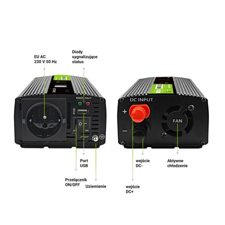 Green Cell - PowerInverter voltage converter with LCD display 12V to 230V 500W/1000W Pure sine wave