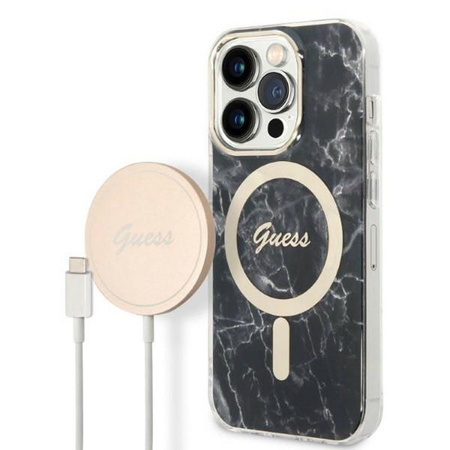 Guess Bundle Pack MagSafe IML Marble - MagSafe iPhone 14 Pro Max case + charger set (black/gold)
