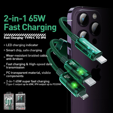 WEKOME WDC-194 Vanguard Series - 2-in-1 USB-C to USB-C + Lightning Super Fast Charging 65W Connection Cable 1 m (Green)