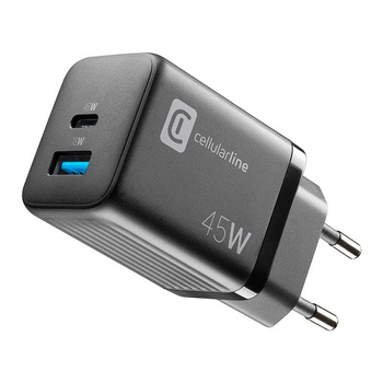 Cellularline Multipower Micro GaN - USB-C és USB-A Power Delivery 45W-os hálózati töltő (fekete)