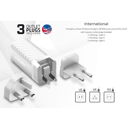 Energizer Ultimate - Multiplug EU / UK / US GaN USB-C & USB-A 65W PD Charger (Silver)