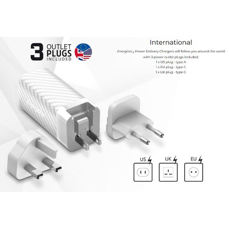Energizer Ultimate - Multiplug EU / UK / US GaN USB-C & USB-A 65W PD travel charger + USB-C cable (Black)