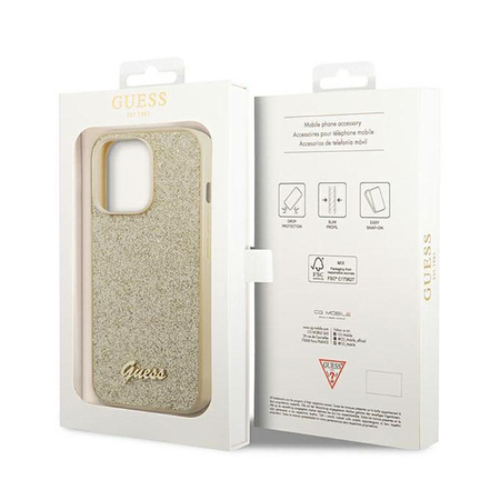 Guess Glitter Flakes Metal Logo Case - pouzdro pro iPhone 14 Pro (zlaté)