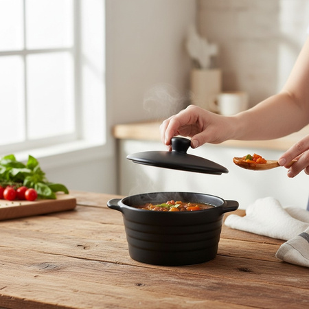 Alpina - Ceramic ovenproof dish with lid, round, 13x10 cm, 210 ml (black)