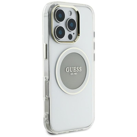 Guess IML Metallfarbener Kreis Klassisches Logo MagSafe - Gehäuse für iPhone 16 Pro Max (grau)