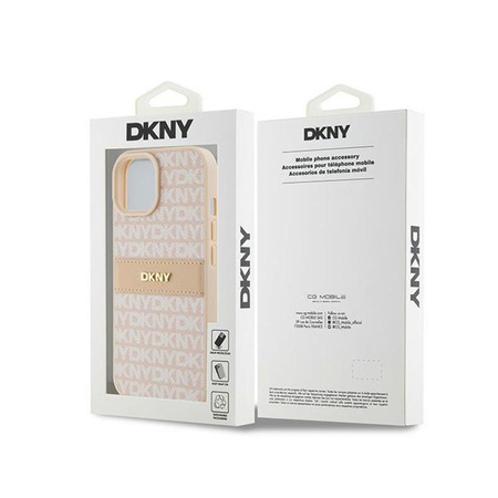 Kožené pouzdro DKNY Mono Stripe & Metal Logo - iPhone 15 Plus / 14 Plus (růžové)