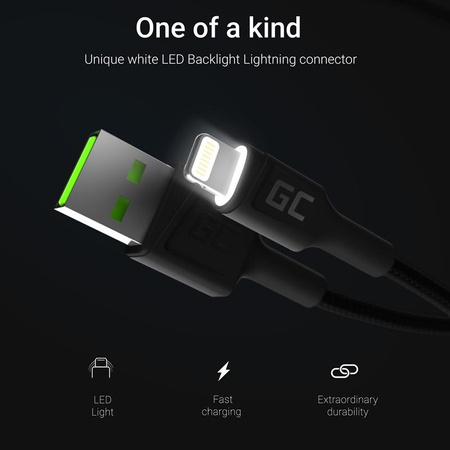 Green Cell Ray - Kabel USB - Lightning 200 cm s bílým LED podsvícením, rychlé nabíjení Apple 2.4A