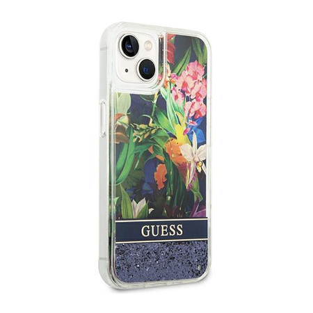 Guess Liquid Glitter Flower - Coque pour iPhone 14 Plus (bleu)