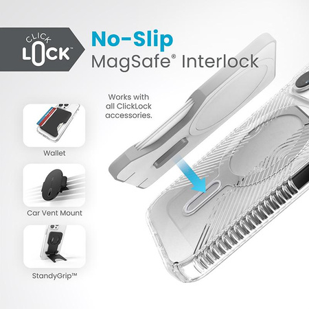Speck Presidio Perfect-Clear Grip ClickLock & MagSafe - pouzdro pro iPhone 15 Pro (čiré / chromovaný povrch / stříbrná barva)