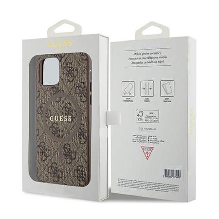 Guess 4G Collection Leather Metal Logo MagSafe - Etui iPhone 12 / iPhone 12 Pro (brązowy)