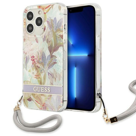 Guess Flower Cord - Tasche mit Schlüsselband iPhone 13 Pro (Lila)