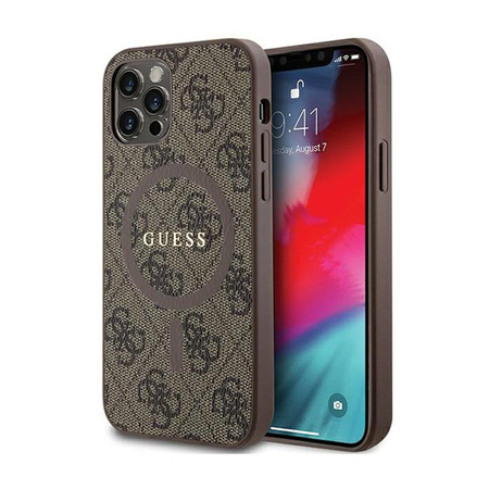 Guess 4G Collection Leder Metall Logo MagSafe - iPhone 12 / iPhone 12 Pro Tasche (braun)