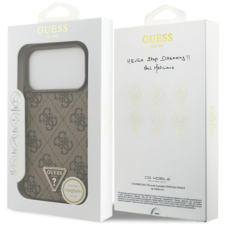 Guess Leather 4G Triangle Strass MagSafe - Pouzdro iPhone 17 Pro (hnědé)