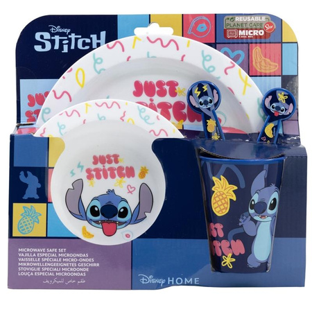 Disney Stitch - Set di stoviglie per microonde da 5 pezzi della collezione Palms (piatto, ciotola, tazza, forchetta, cucchiaio)