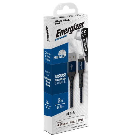 Energizer Ultimate - Câble de connexion USB-A vers Lightning certifié MFi 2m (Bleu)