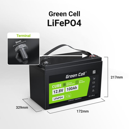 Green Cell - Batterie LiFePO4 12V 12.8V 100Ah pour systèmes photovoltaïques, camping-cars et bateaux