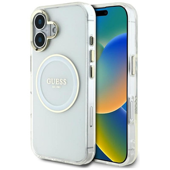 Guess IML Metallfarbener Kreis Klassisches Logo MagSafe - Hülle für iPhone 16 (weiß)
