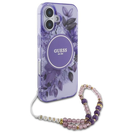 Guess IML Flowers With Pearl Strap MagSafe - Pouzdro pro iPhone 16 (Fialové)