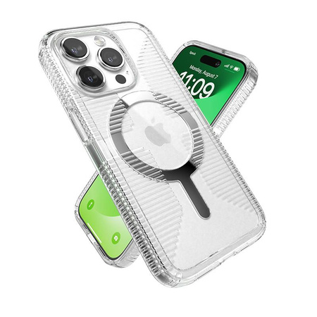 Speck Gemshell Grip + MagSafe - Hülle für iPhone 15 Pro (Transparent / Chrom-Finish)