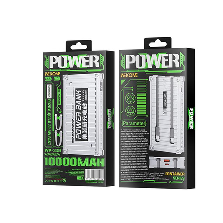 WEKOME WP-339 Container Series - Power banka 10000 mAh se super nabíjením a integrovaným USB-C a Lightning PD 20W + QC 22,5W kabelem (stříbrná)