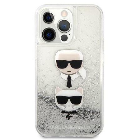 Karl Lagerfeld Liquid Glitter Karl & Choupette Head - pouzdro pro iPhone 13 Pro Max (stříbrné)