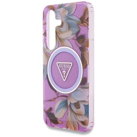 Guess Glitter Flowers Triangle Buttons MagSafe - étui pour Samsung Galaxy S25 (violet)