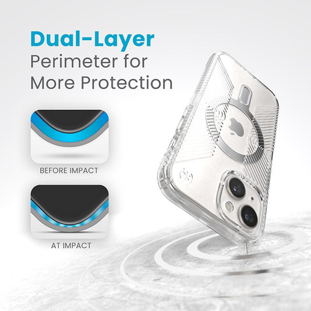 Speck Presidio Perfect-Clear Grip ClickLock & MagSafe - pouzdro pro iPhone 16e / iPhone 15 / iPhone 14 / iPhone 13 (Clear / Chrome Finish / Serene Silver)