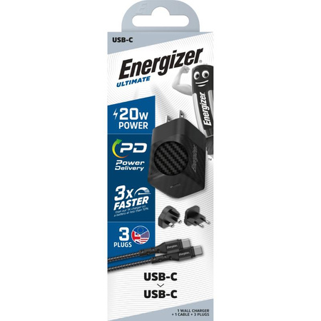 Energizer Ultimate - Multiplug EU / UK / US GaN 20W PD charger + USB-C cable (Black)