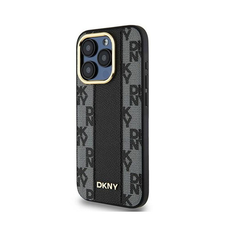 DKNY bőrből készült, kockás, egyszínű mintás MagSafe - iPhone 15 Pro tok (fekete)