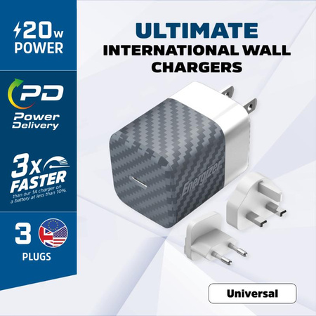 Energizer Ultimate - Multiplug EU / UK / US GaN USB-C 20W PD travel charger (Silver)
