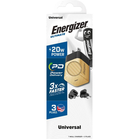 Energizer Ultimate - cestovní nabíječka Multiplug EU / UK / US GaN USB-C 20W PD (zlatá)