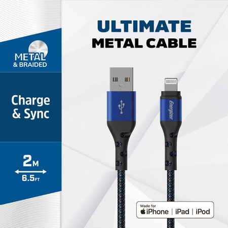 Energizer Ultimate - Câble de connexion USB-A vers Lightning certifié MFi 2m (Bleu)