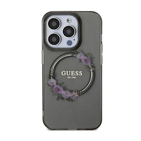 Guess IML Virágok koszorú MagSafe - iPhone 15 Pro tok (fekete)