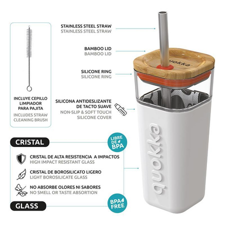 Quokka Liquid Cube - Mug en verre 540 ml avec paille en acier inoxydable (Inner Graffiti)