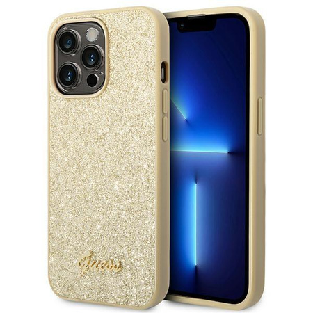 Guess Glitter Flakes Metal Logo Case - pouzdro pro iPhone 14 Pro (zlaté)