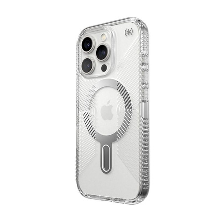 Speck Presidio Perfect-Clear Grip ClickLock & MagSafe - iPhone 16 Pro Case (Clear / Chrome Finish / Serene Silver)