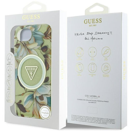 Guess IML Metall Glitter Blumen Dreieck MagSafe - Tasche für iPhone 16e (grün)