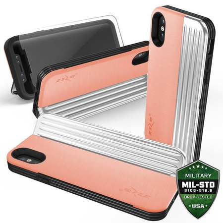 Zizo Retro Series - Etui iPhone Xs / X z kieszenią na karty + podstawka + szkło 9H na ekran (Peach/Silver)