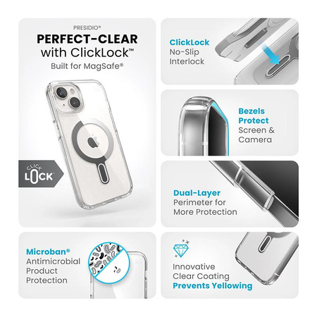 Speck Presidio Perfect-Clear ClickLock & MagSafe - tok iPhone 16e / iPhone 15 / iPhone 14 / iPhone 13 készülékhez (átlátszó / króm bevonat / derűs ezüst)
