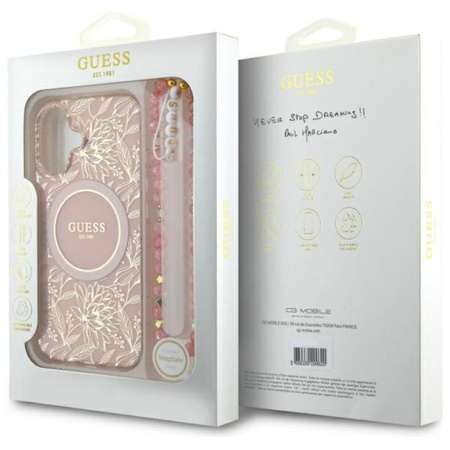 Guess IML Flowers Allover Electro With Pearl Strap MagSafe - pouzdro pro iPhone 16 Plus (růžové)