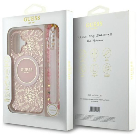 Guess IML Flowers Allover Electro With Pearl Strap MagSafe - Case for iPhone 16 Plus (Pink)