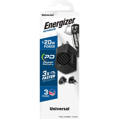 Energizer Ultimate - Multiplug EU / UK / US GaN 20W PD mains charger (Black)